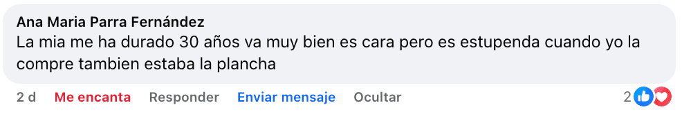 Opinión de Ana María P.: «La mía me ha durado 30 años, va muy bien. Es cara, pero es estupenda. Cuando yo la compré también estaba la plancha»